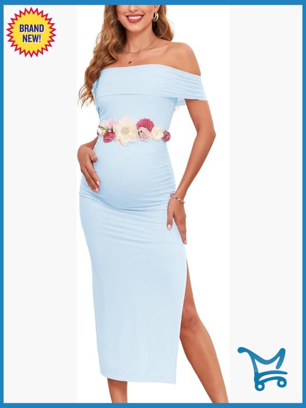 Off Shoulder Maternity Mesh Split Dress Ruched Fitted Midi Photoshoot